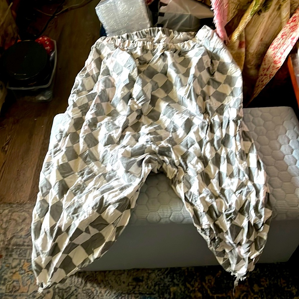 - Grey checked drop crotch Harlequin pants..elastic waist